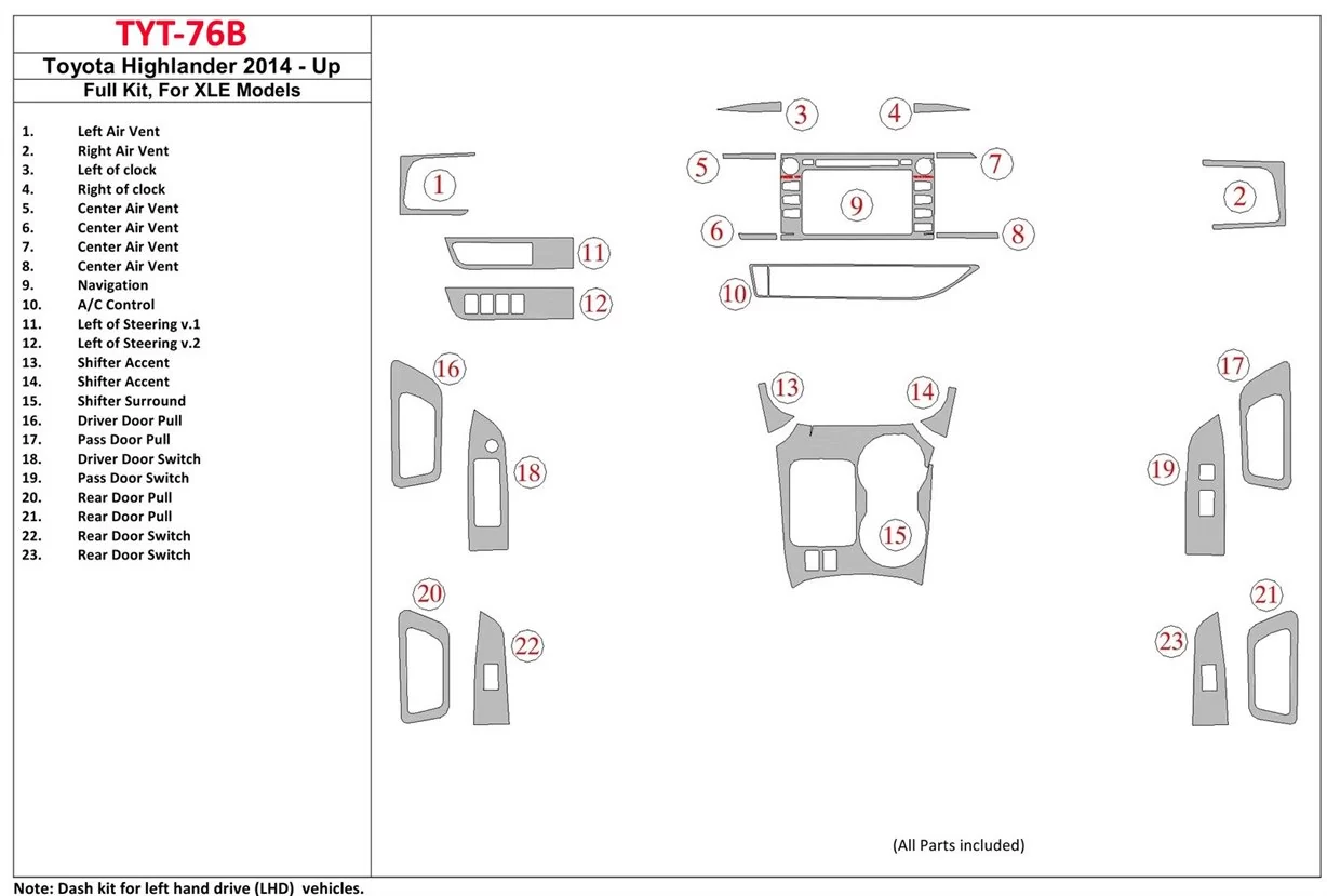 Toyota Highlander 2014-UP Full Set, fits XLE Models BD Interieur Dashboard Bekleding Volhouder