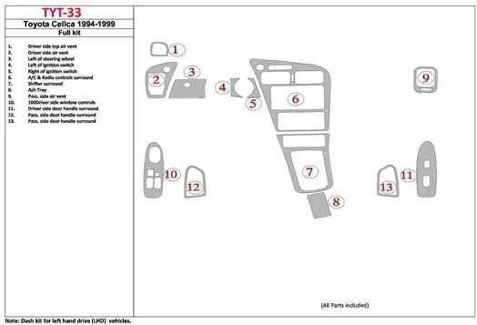 Toyota Celica 1994-1996 2 Doors, 13 Parts set Interior BD Dash Trim Kit