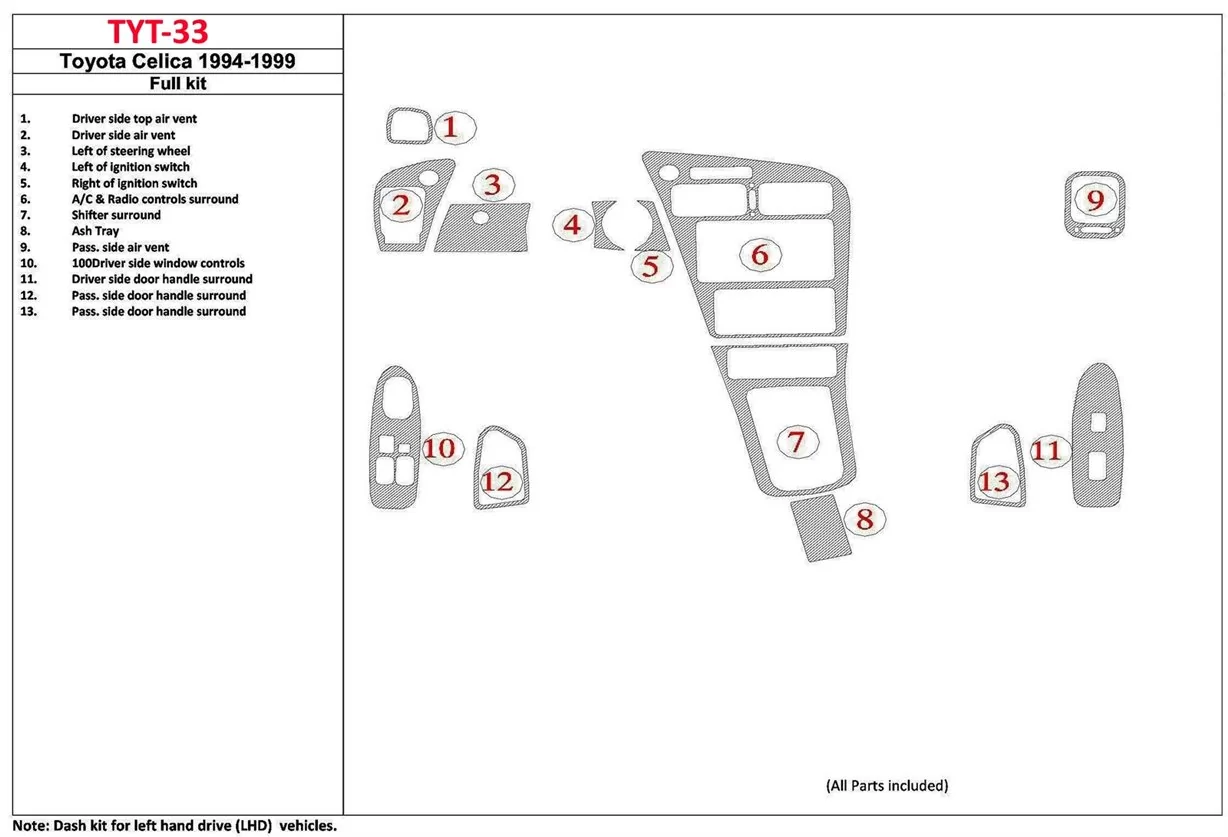 Toyota Celica 1994-1996 2 Doors, 13 Parts set Decor de carlinga su interior