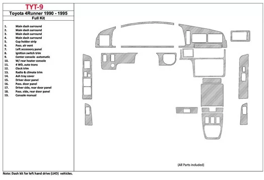 Toyota 4 Runner 1990-1995 Full Set, 19Parts set Decor de carlinga su interior