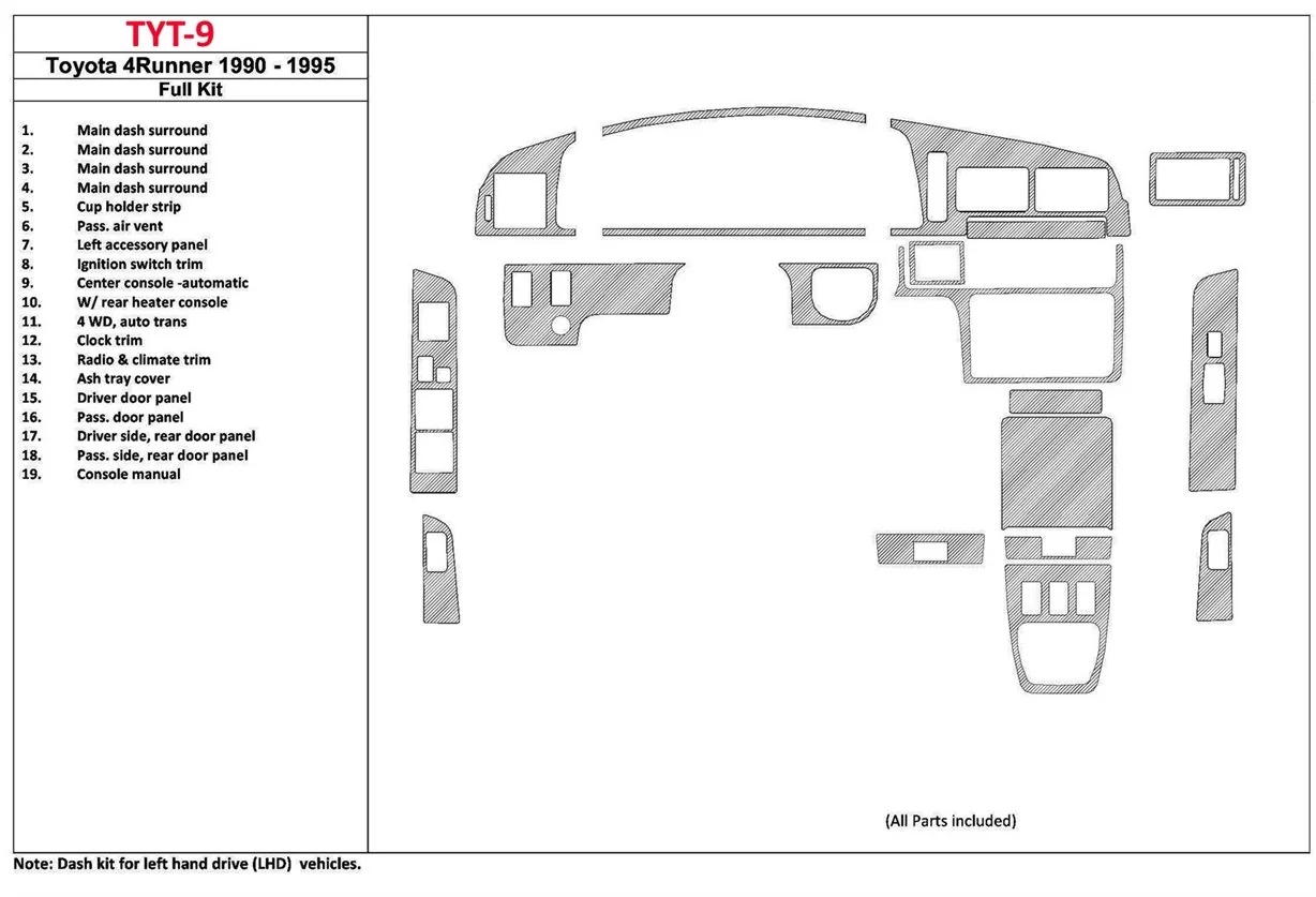 Toyota 4 Runner 1990-1995 Ensemble Complet, 19Parts set BD Décoration de tableau de bord