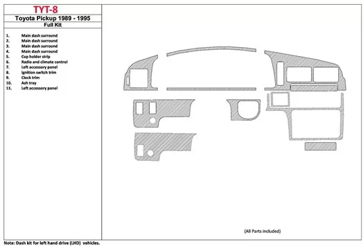 Toyota 4 Runner 1989-1995 Full Set,11 Parts set BD Interieur Dashboard Bekleding Volhouder