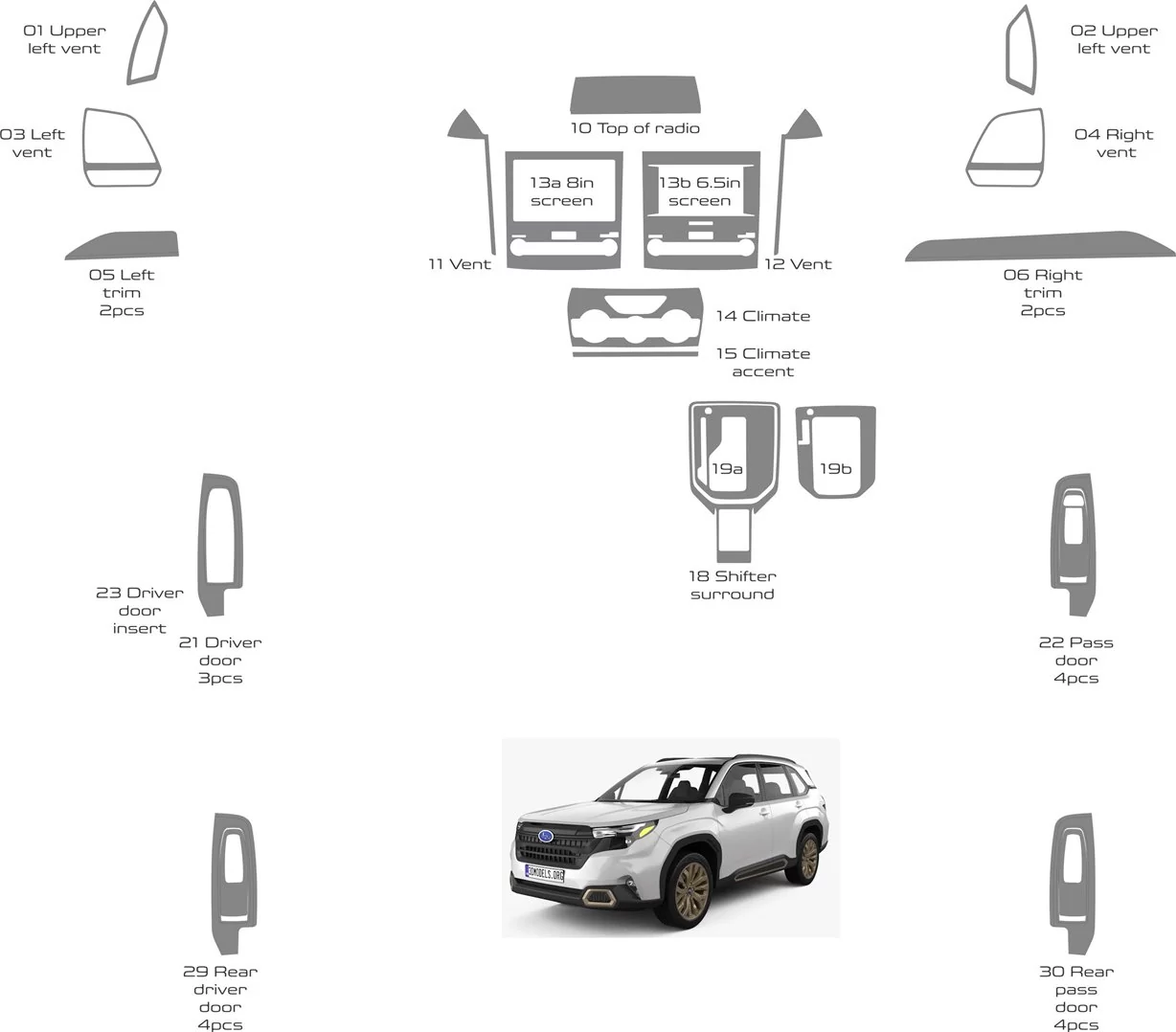 Subaru Forester 2019-2024 Habillage Décoration de Tableau de Bord 30 Pièce