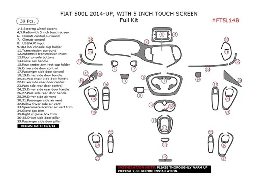 Fiat 500L 2012–2018 3D Interior Dashboard Trim Kit Dash Trim Dekor 39-Parts