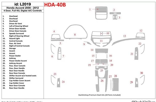 Honda Accord 2008-2012 Ensemble Complet, 4 Des portes, Contrôle Aut la climatisation BD Kit la décoration du tableau de bord - 1