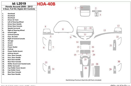 Honda Accord 2008-2012 Full Set, 4 Doors, Automatic AC Control BD Interieur Dashboard Bekleding Volhouder