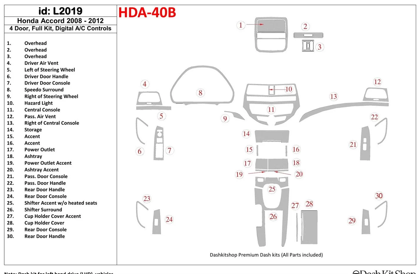 Honda Accord 2008-2012 Ensemble Complet, 4 Des portes, Contrôle Aut la climatisation BD Kit la décoration du tableau de bord - 1