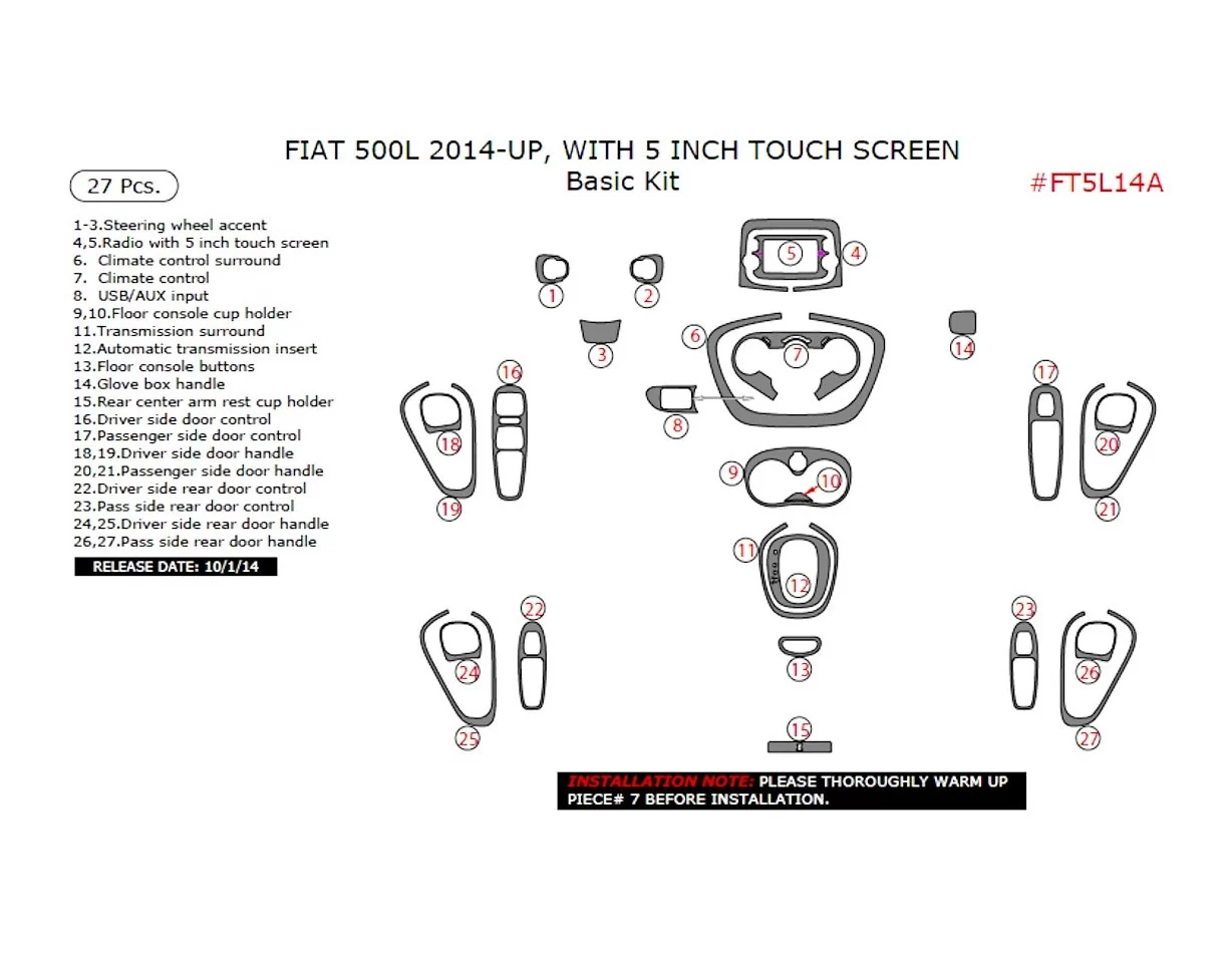 Fiat 500L 2012–2018 3D Interior Dashboard Trim Kit Dash Trim Dekor 27-Parts