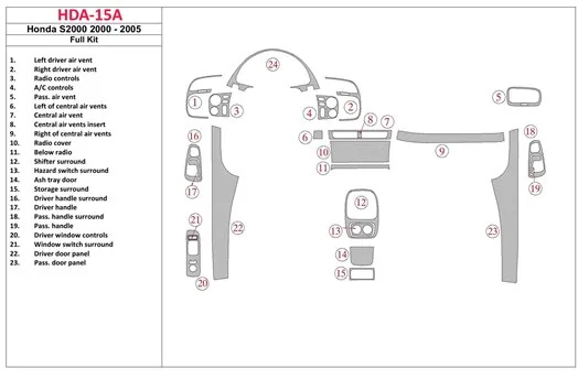 Honda S2000 2000-2005 Full Set, 23 Parts set Interior BD Dash Trim Kit