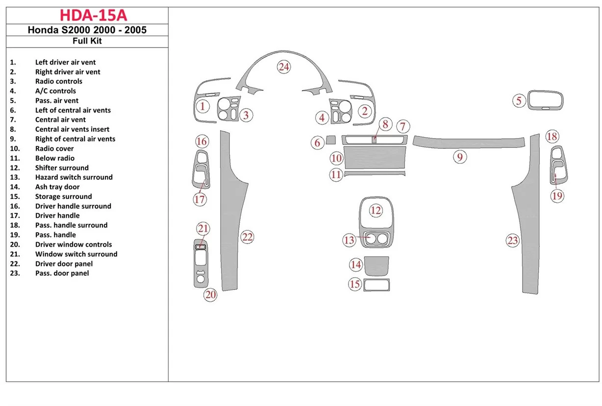 Honda S2000 2000-2005 Full Set, 23 Parts set Interior BD Dash Trim Kit