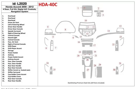 Honda Accord 2008-2012 Full Set, 4 Doors, Automatic AC Control, With NAVI system Decor de carlinga su interior