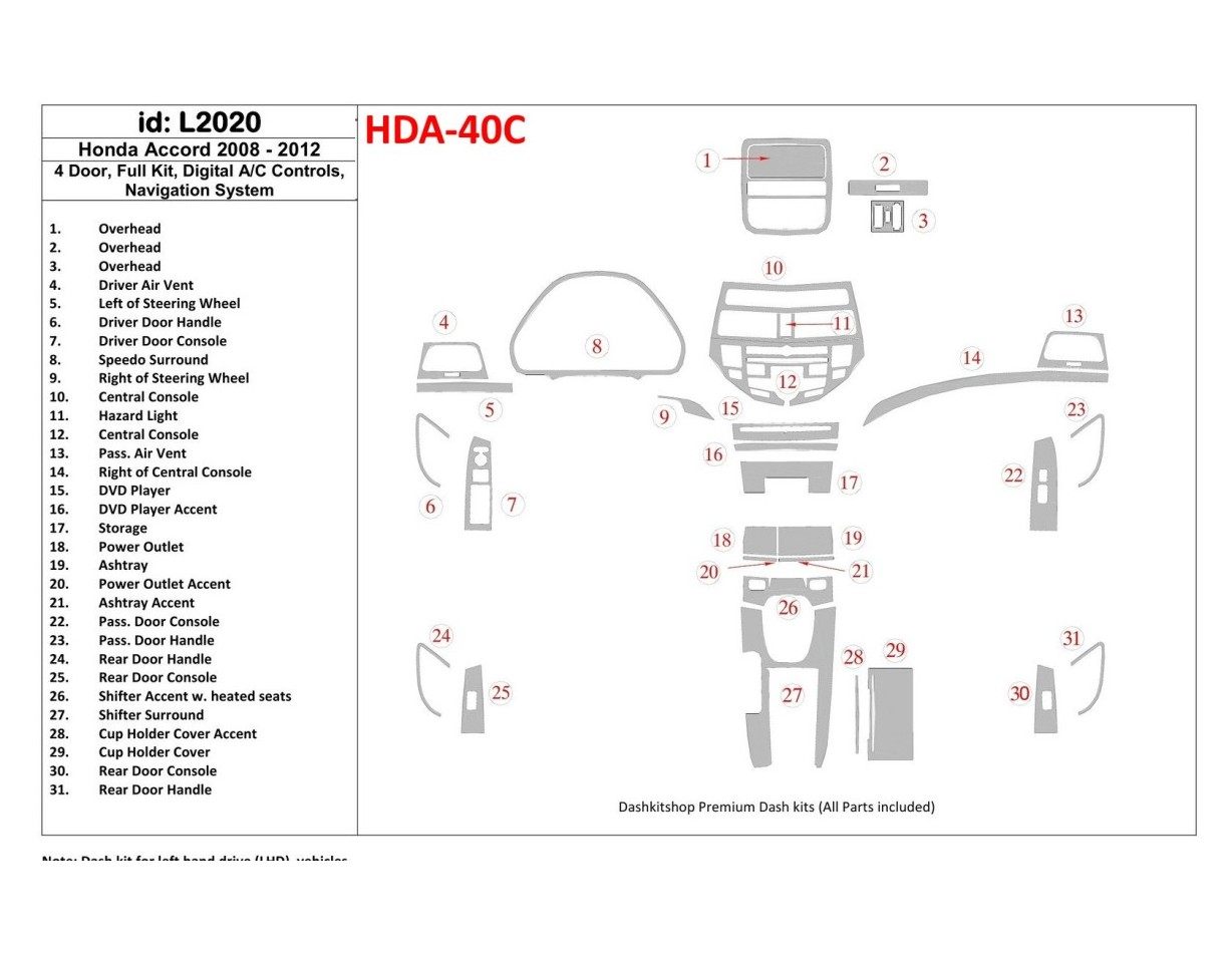 Honda Accord 2008-2012 Full Set, 4 Doors, Automatic AC Control, With NAVI system Decor de carlinga su interior