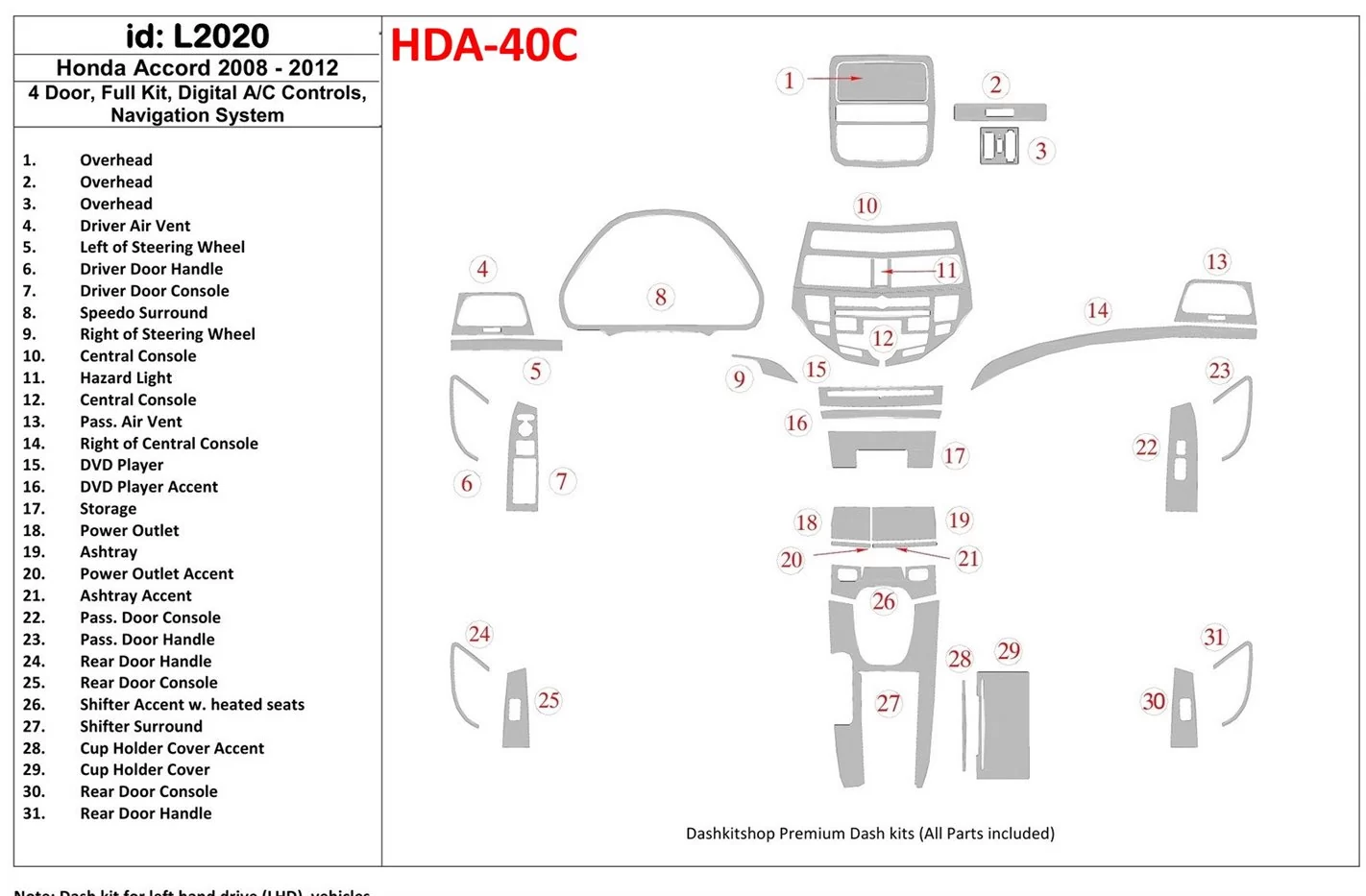 Honda Accord 2008-2012 Full Set, 4 Doors, Automatic AC Control, With NAVI system Decor de carlinga su interior