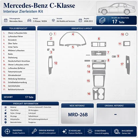 Mercedes Benz C Class 2008+ Komplettset 3D Armaturenbrett-Dekor-Set