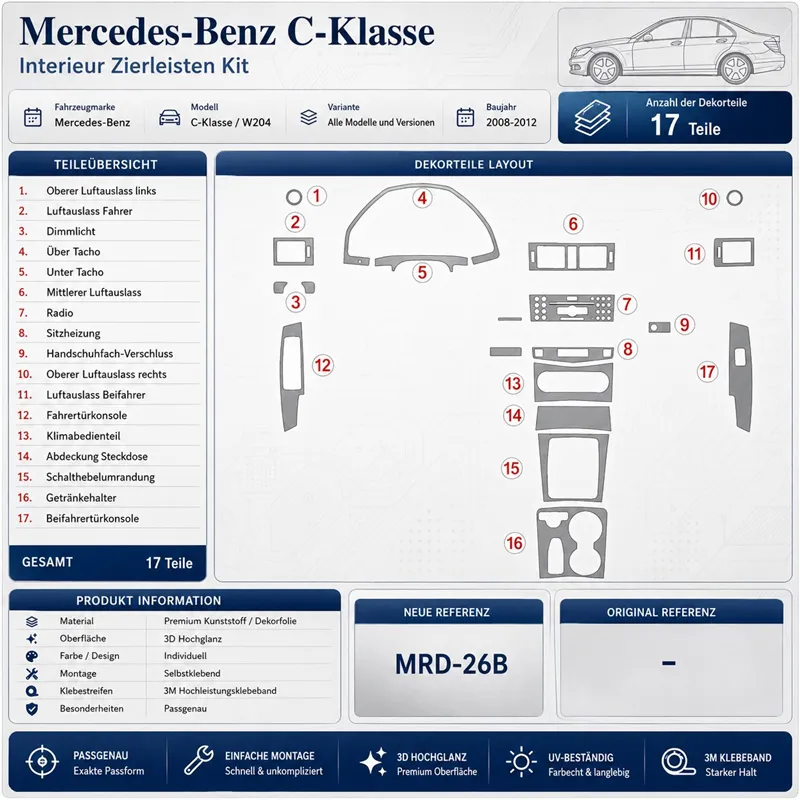 Mercedes Benz C Class 2008+ set completo kit salpicadero 3D