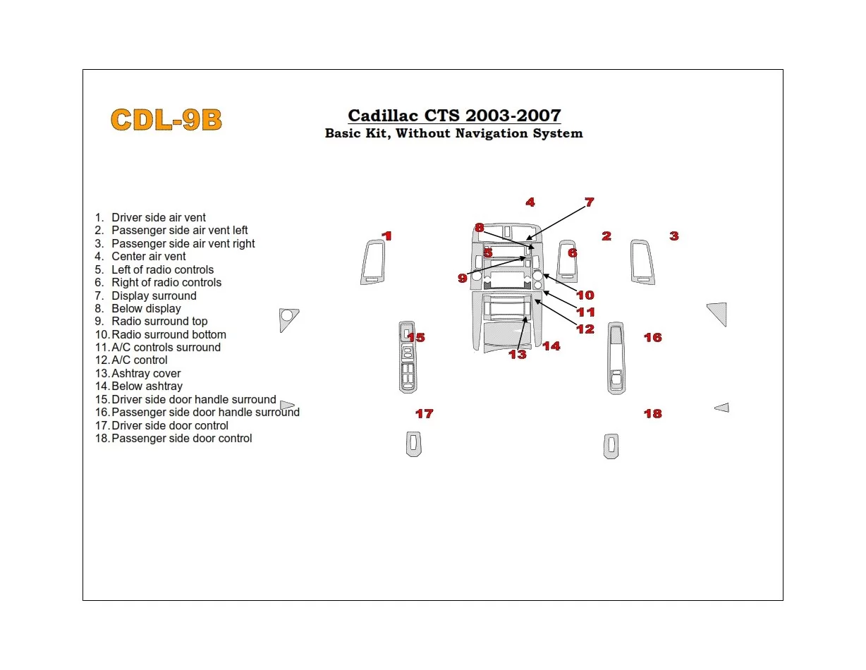 Cadillac CTS 2003-2007 Basic Set, 18 Parts set BD Interieur Dashboard Bekleding Volhouder