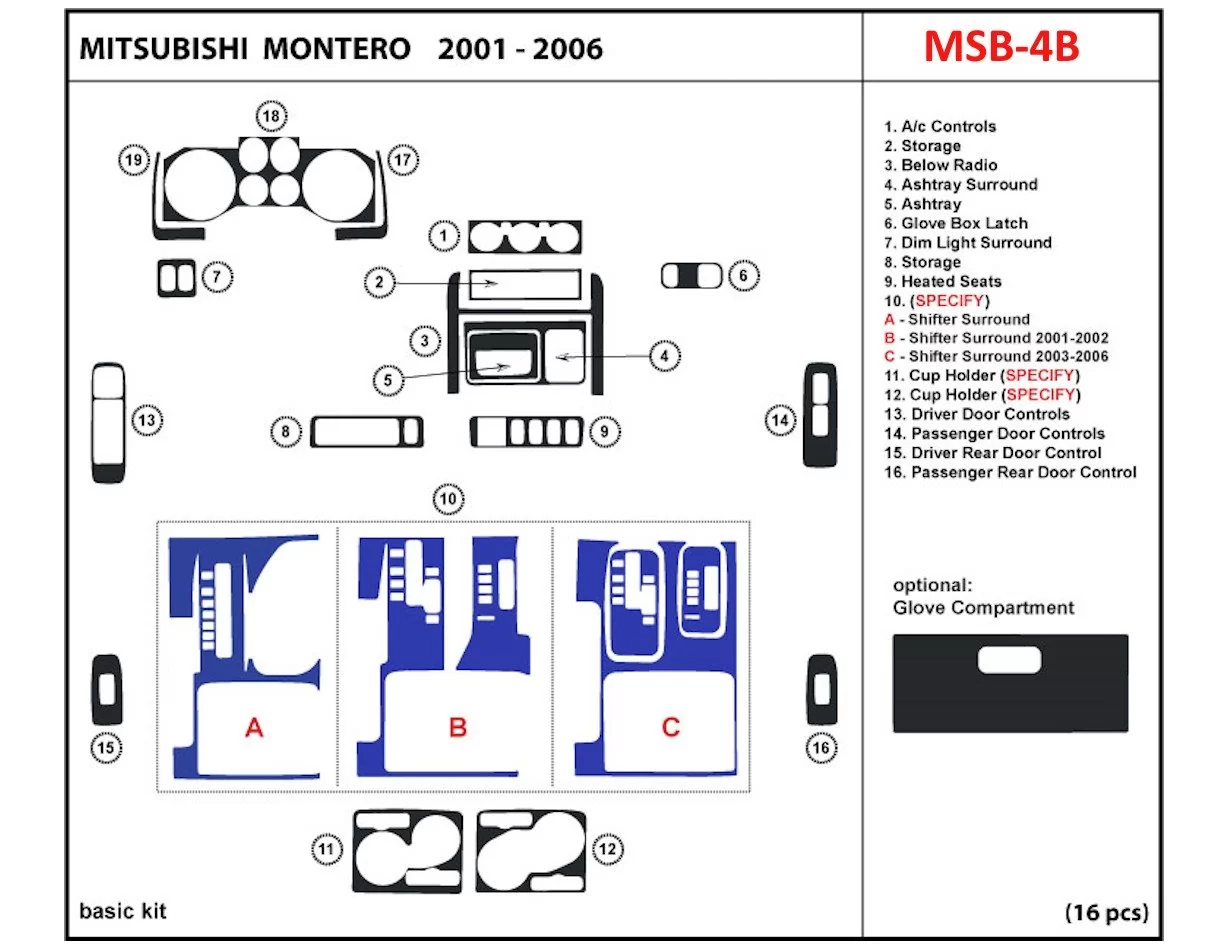 Mitsubishi Pajero/Montero 2000-2006 OEM Compliance BD Interieur Dashboard Bekleding Volhouder