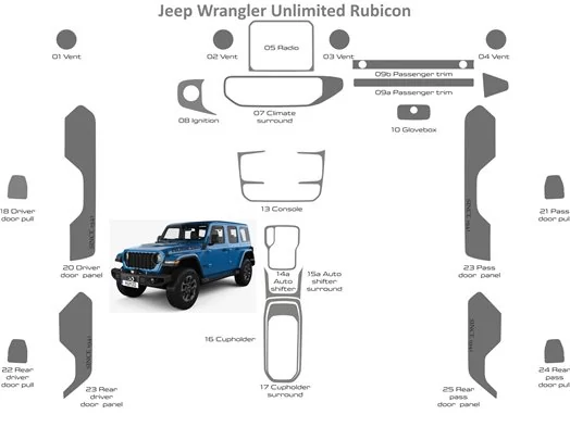 Jeep Wrangler Unlimited Rubicon 2018-2023 Interior WHZ Dashboard trim kit 25 Parts