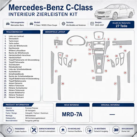 Mercedes Benz C Class 2005-2007 complete set, 2 deuren Coupe 3D dashboard sierlijstset