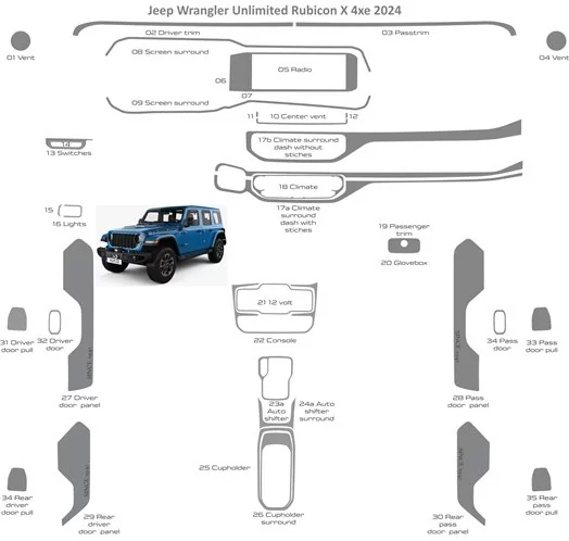 Jeep Wrangler Unlimited Rubicon 2024 Habillage Décoration de Tableau de Bord 35 Pièce