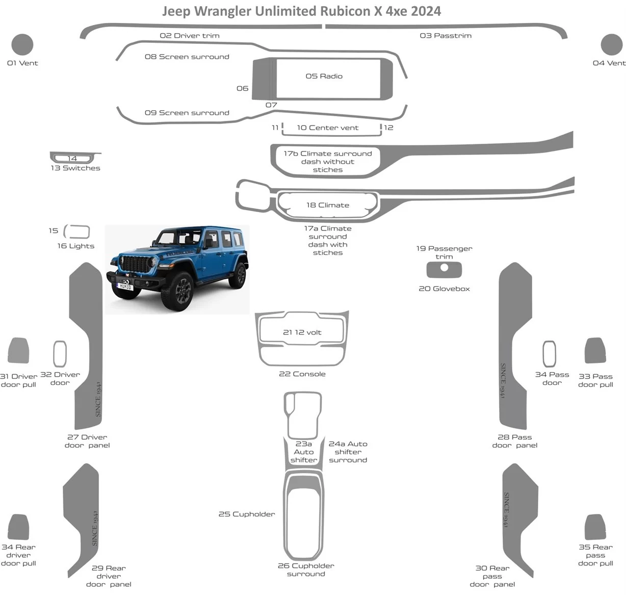Jeep Wrangler Unlimited Rubicon 2024 Interieur WHZ Dashboardafwerkingsset 35 onderdelen