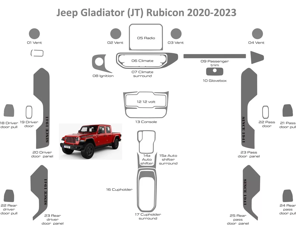 Jeep Gladiator JT Rubicon 2020-2023 Innenraum WHZ Armaturenbrett Zierleiste 25 Teile