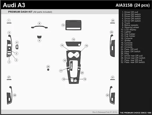 Audi A3 8V ab 2012-2018 3D Inleg dashboard Interieurset WHZ aansluitend en pasgemaakt op dashboard 24 -Onderdelen