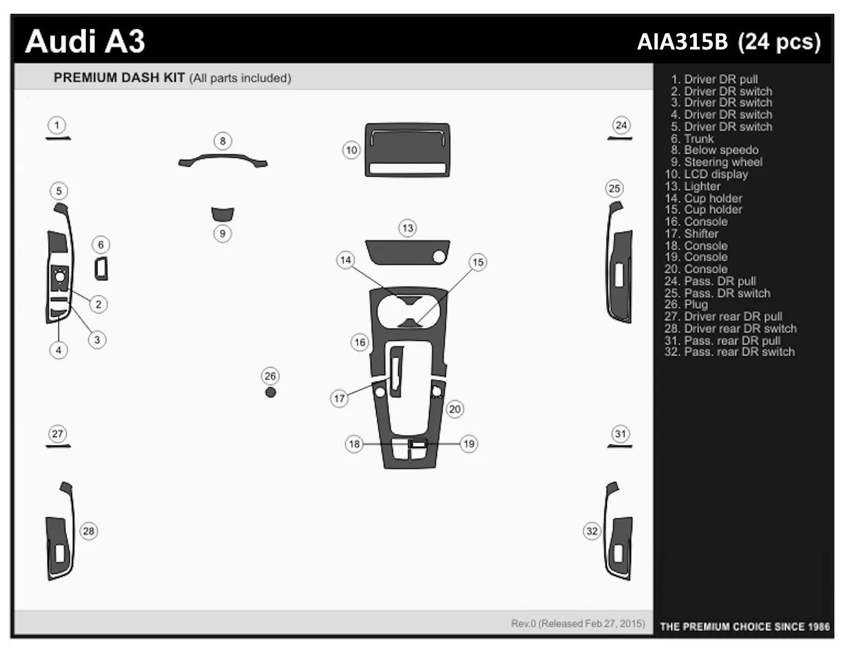 Audi A3 8V ab 2012-2018 3D Inleg dashboard Interieurset WHZ aansluitend en pasgemaakt op dashboard 24 -Onderdelen