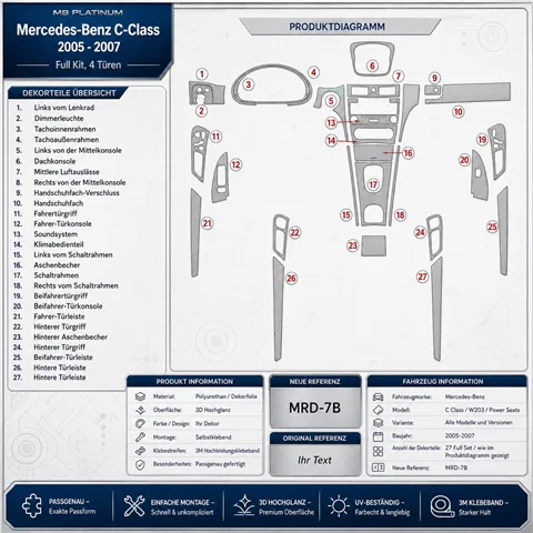Mercedes Benz C Class 2005-2007 complete set, 4-deurs coupé, met elektrische stoelen 3D dashboard sierlijstset