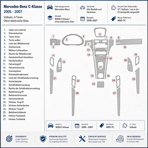 Mercedes Benz W203 C Class 2005-2007 complete set, 4-deurs coupé, zonder elektrische stoelen 3D dashboard sierlijstset