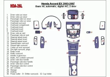 Honda Accord EX 2003-2007 Basic Set, Automatic Gear, Automatic A/C, 2 Doors Interior BD Dash Trim Kit