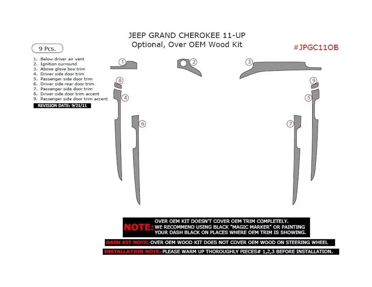 Jeep Grand Cherokee 2011-2020 Decor de carlinga su interior del coche 11 Partes