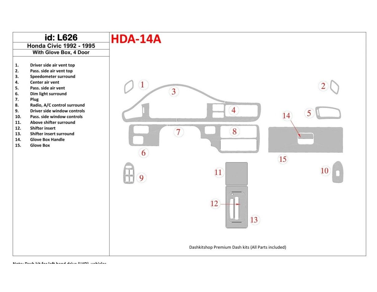Honda Civic 1992-1995 2 Doors, With glowe-box Decor de carlinga su interior