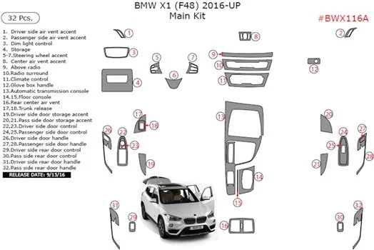 BMW X1 F48 2015 up 3D Interior Dashboard Trim Kit Dash Trim Dekor 32-Parts