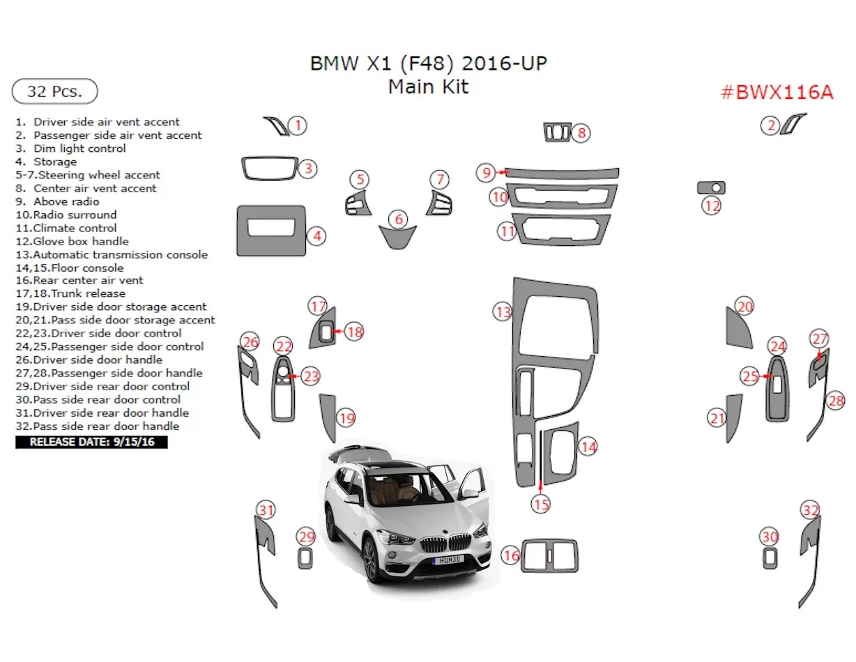 BMW X1 F48 2015 up 3D Interior Dashboard Trim Kit Dash Trim Dekor 32-Parts