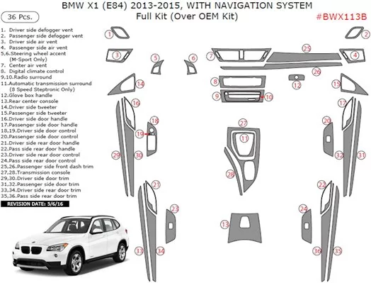 BMW X1 E84 2009-2015 NAVI 3D Decor de carlinga su interior del coche 30-Partes