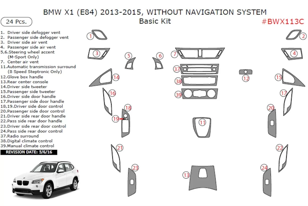 BMW X1 E84 2009–2015 Ohne Navigation Grundlegende Innenraumverkleidung für das Armaturenbrett, 24-teilig