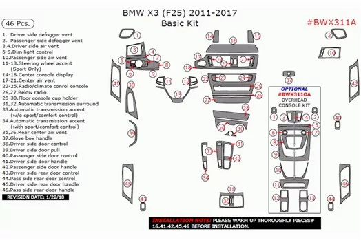 BMW X3 F25 2010–2017 Kit di finiture per cruscotto interno di base 3D Dash Trim Dekor 46 pezzi