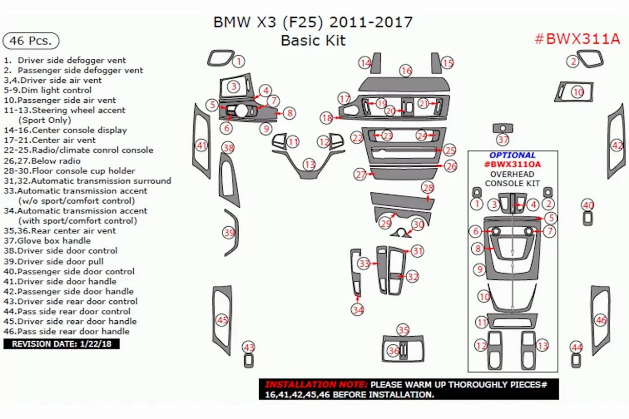 BMW X3 F25 2010–2017 3D Interior Dashboard Trim Kit Dash Trim Dekor 46-Parts