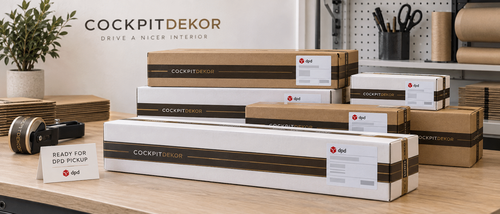 Illustrazione di pacchi CockpitDekor pronti per il ritiro DPD. Imballaggio, corriere e modalità di consegna dipendono dagli accordi con il partner.