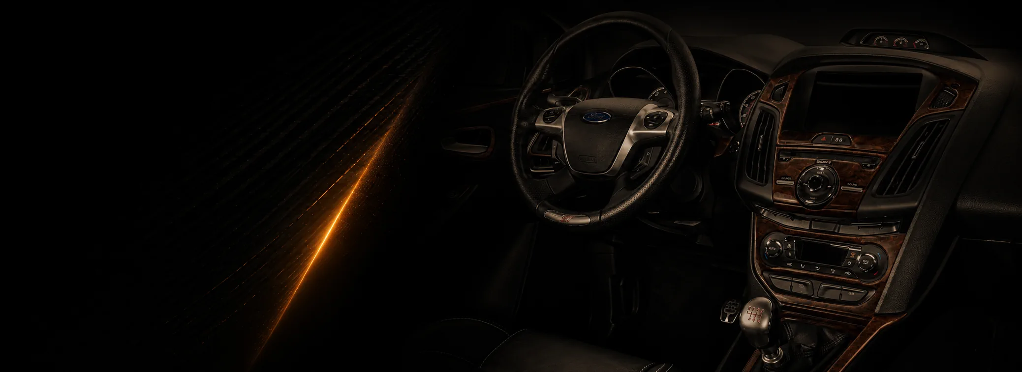 Car interior with wood-look dashboard trim