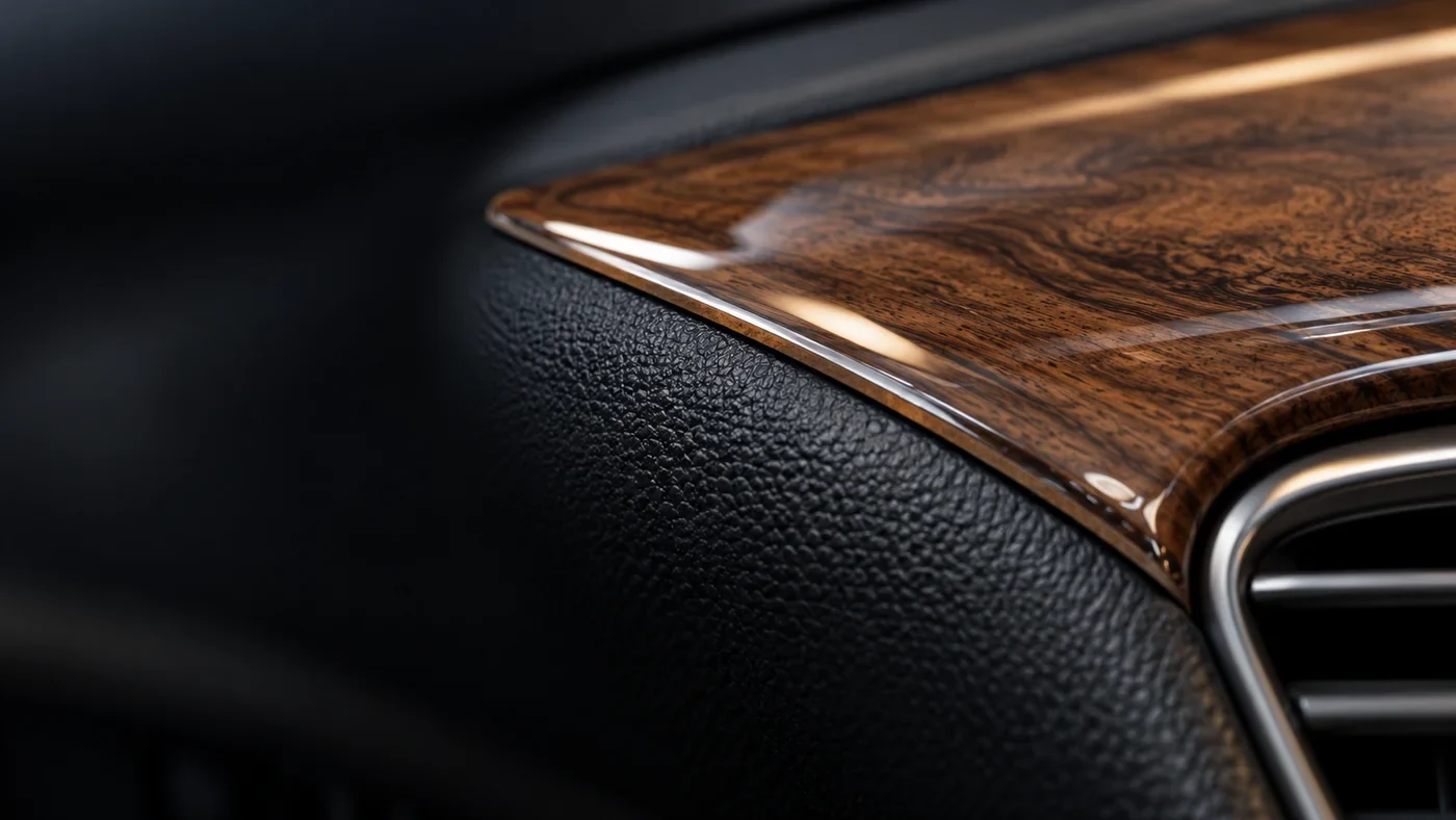 Close-up of a thin wood-look domed overlay fitted to a dashboard
