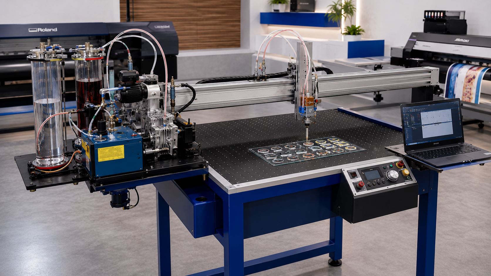 CNC-PU-Doming-Dispenser mit 2K-Dosiermodul, Vakuumtisch und Dosierkopf im Druckstudio