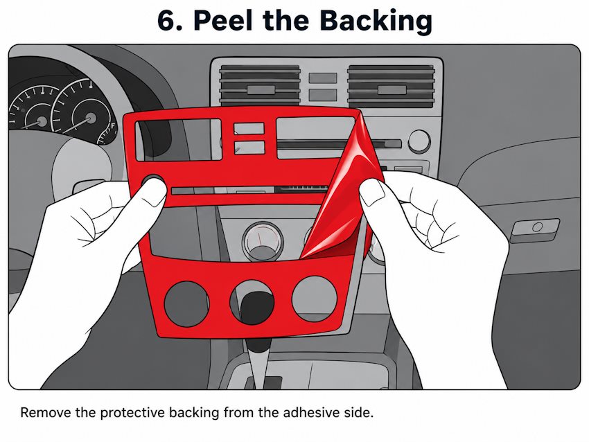 Peeling red backing from dashboard trim adhesive