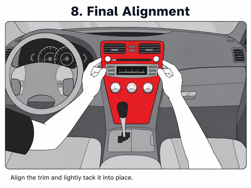 Tacking dashboard trim lightly with fingertip during alignment